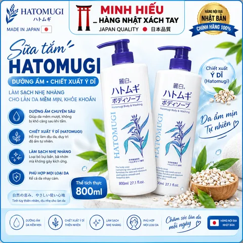 Sữa Tắm Ý Dĩ Hatomugi Nội Địa Nhật Bản 800ml – Làm Sạch Dưỡng Ẩm Và Chăm Sóc Da Mềm Mịn Thơm Tho