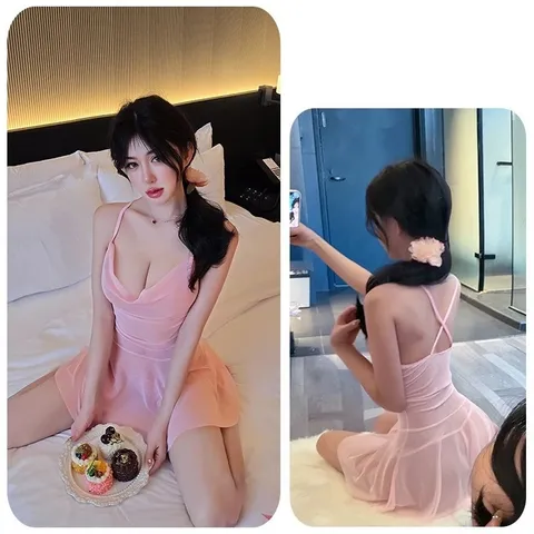 Váy Ngủ Ren Xuyên Thấu Cổ Đổ Kèm Chip Đáng Yêu Quyến Rũ  - N161 Hồng
