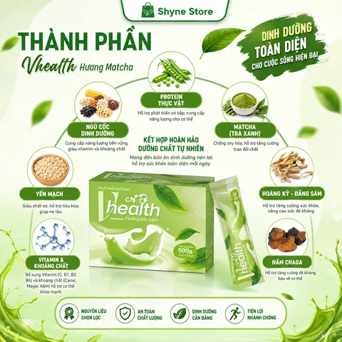 VHEALTH Vị Trà Xanh Matcha Chính Hãng | Bột Ngũ Cốc Dinh Dưỡng Bổ Sung Vitamin Khoáng Chất