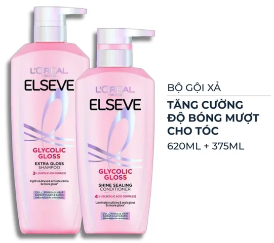 ✨ Bộ dầu gội xả L'Oreal Paris Elseve Glycolic Gloss dưỡng tóc bóng mượt 620ml + 375ml Chính hãng