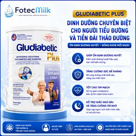 Sữa Bột Cho Người Tiểu Đường GLUDIABETIC PLUS FOTECPHAM Hỗ Trợ Kiểm Soát Đường Huyết Bổ Sung Dinh Dưỡng 900G Fotecmilk