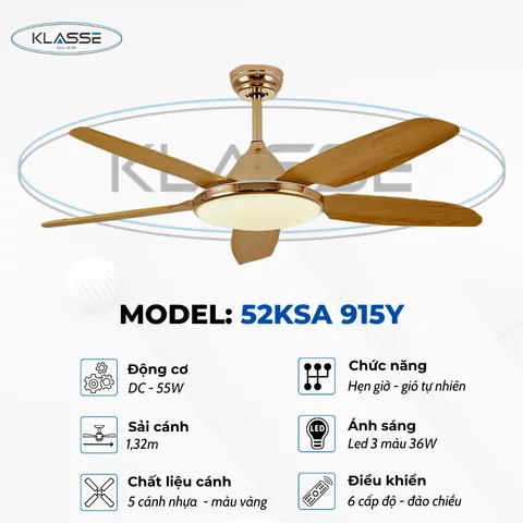 Quạt trần đèn 5 cánh Klasse 52KSA 915Y