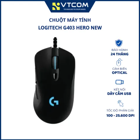 Chuột gaming có dây Logitech G403 HERO cảm biến 25K DPI đèn LED RGB - Hàng chính hãng BH 24 tháng
