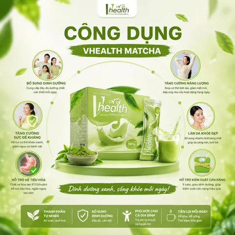 Thực phẩm dinh dưỡng VHEALTH vị trà xanh matcha 20 gói giàu chất xơ vitamin chính hãng