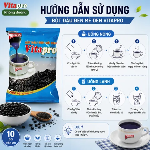 Bột Đậu Đen Mè Đen Vitapro - Không Đường - Dạng thùng - 20 bịch - 1 bịch 10 gói nhỏ - Chính hãng