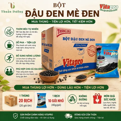 Bột Đậu Đen Mè Đen Vitapro - Không Đường - Dạng thùng - 20 bịch - 1 bịch 10 gói nhỏ - Chính hãng
