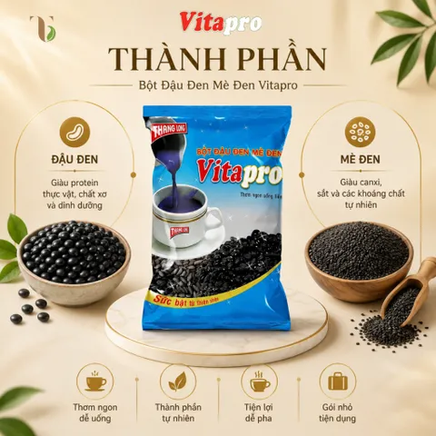 Bột Đậu Đen Mè Đen Vitapro - Không Đường - Dạng thùng - 20 bịch - 1 bịch 10 gói nhỏ - Chính hãng