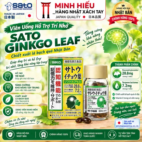 Viên Uống Sato Ginkgo Leaf 60 Viên Nhật Bản – Hỗ Trợ Trí Nhớ & Chức Năng Nhận Thức Cho Người Trung Niên
