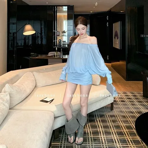 Set Đầm Body Trễ Vai Hở Lưng Siêu Xinh Quyến Rũ Váy Ngủ Tiểu Thư Dài Tay Ôm Hông Gợi Cảm Thanh Lịch - N298 Xanh Dương