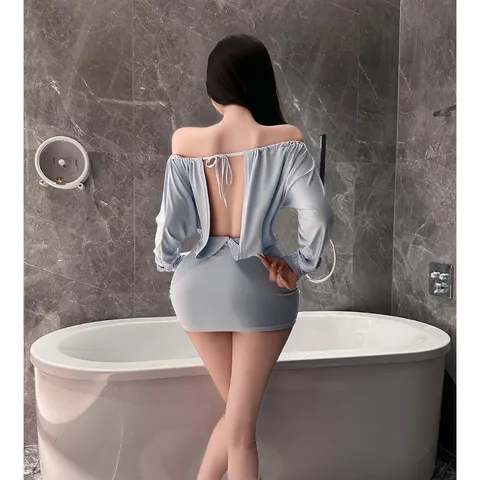 Set Đầm Body Trễ Vai Hở Lưng Siêu Xinh Quyến Rũ Váy Ngủ Tiểu Thư Dài Tay Ôm Hông Gợi Cảm Thanh Lịch - N298 Xanh Dương