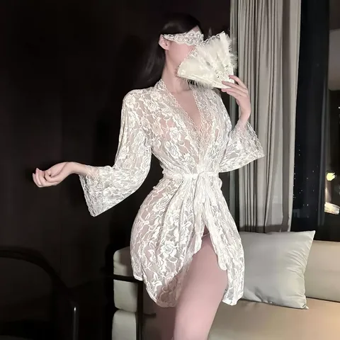 Áo Choàng Ngủ Ren Hoa Xuyên Thấu Dài Tay Gợi Cảm Cuốn Hút Áo Khoác Tắm Có Đai Cột Lưng Sexy Quyến Rũ - N138