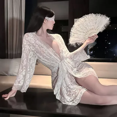 Áo Choàng Ngủ Ren Hoa Xuyên Thấu Dài Tay Gợi Cảm Cuốn Hút Áo Khoác Tắm Có Đai Cột Lưng Sexy Quyến Rũ - N138