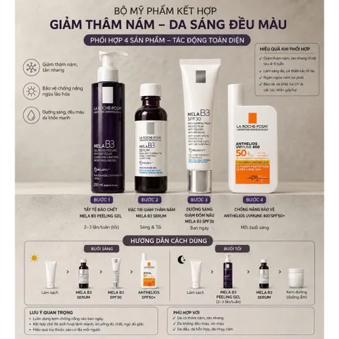Combo Mela B3 4 Bước | Gel Rửa Mặt + Serum Niacinamide + Kem Dưỡng SPF + Chống Nắng