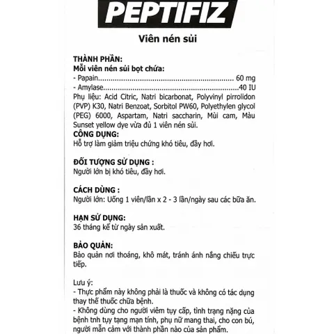 Viên sủi tiêu hóa US Pharma Peptifiz giảm đau bao tử dạ dày ợ hơi chua nóng rát, khó tiêu ăn kém (hộp 40 viên)