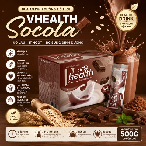 VHEALTH hương socola chính hãng | Bột dinh dưỡng bổ sung năng lượng | Ngũ cốc hòa tan tiện lợi 20 gói