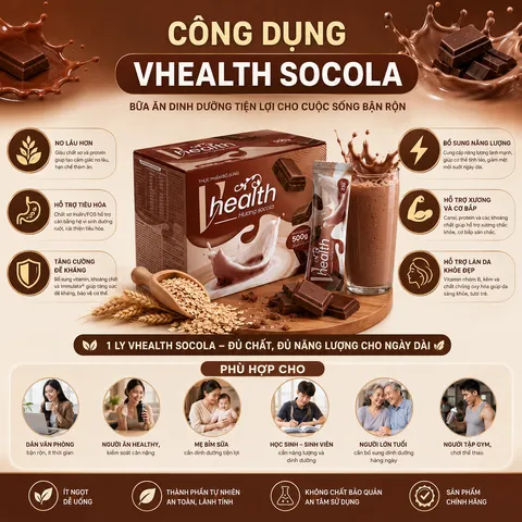 VHEALTH hương socola chính hãng | Bột dinh dưỡng bổ sung năng lượng | Ngũ cốc hòa tan tiện lợi 20 gói