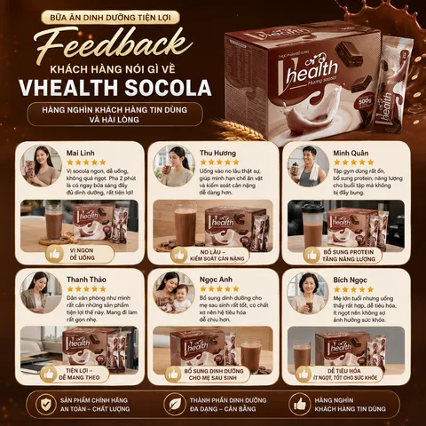 VHEALTH hương socola chính hãng | Bột dinh dưỡng bổ sung năng lượng | Ngũ cốc hòa tan tiện lợi 20 gói