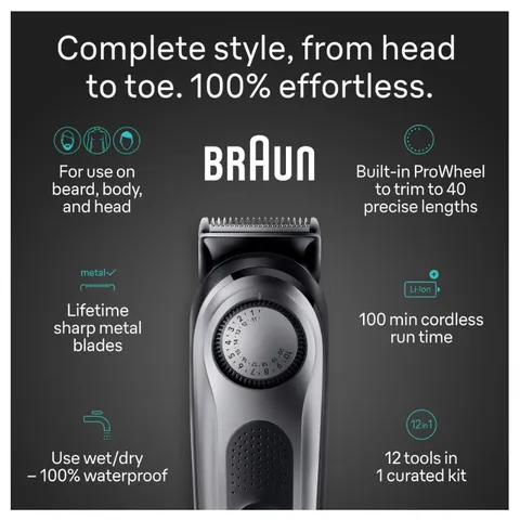 Tông đơ cắt tóc đa năng Cao Cấp Braun All-in-One 12-in-1, 40 cài đặt