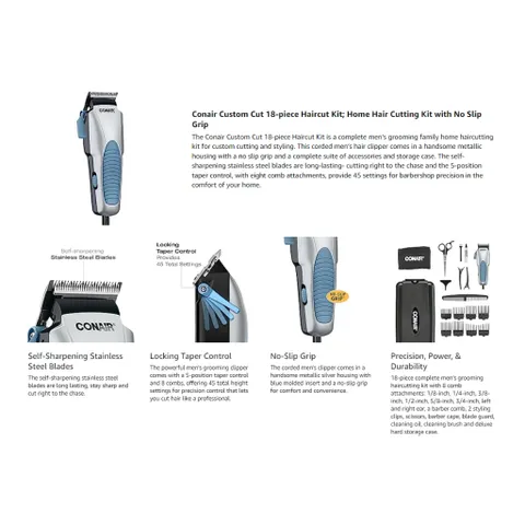 Tông Đơ Cắt Tóc Điện Cao Cấp CONAIR HOME HAIRCUTTING KIT 18PC, Model HC244NGBV | Hàng Nhập Mỹ