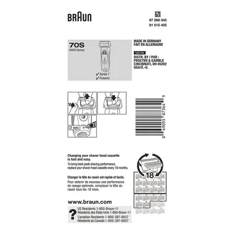 Bộ Lưỡi, Đầu, Màng, Braun 70S, Braun 70B Cho Máy Cạo Râu Braun series 7, Chính Hãng