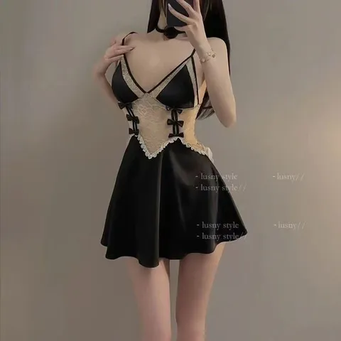 Váy Ngủ Sexy Phối Ren Ngực Hở Lưng Gợi Cảm Xinh Yêu Đầm Lụa 2s Cổ V Dáng Xoè Dễ Thương Quyến Rũ - N272 Đen