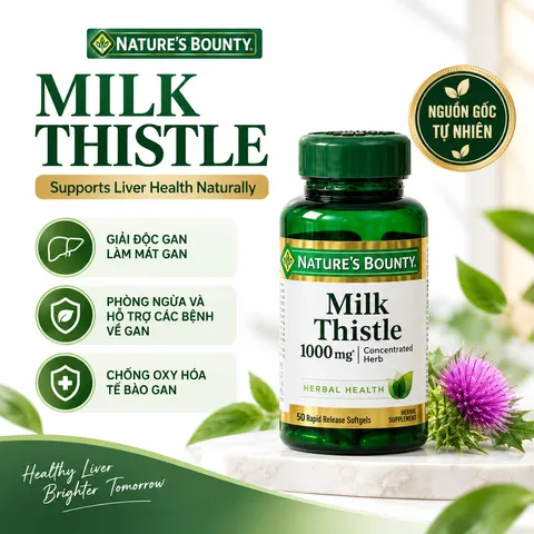 (Mỹ) Viên Uống Hỗ Trợ Gan Nature’s Bounty Milk Thistle 1000mg 50 Viên Chính Hãng Cây Kế Sữa Hỗ Trợ Chức Năng Gan, Chống Oxy Hóa