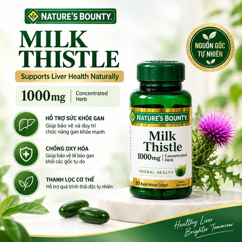(Mỹ) Viên Uống Hỗ Trợ Gan Nature’s Bounty Milk Thistle 1000mg 50 Viên Chính Hãng Cây Kế Sữa Hỗ Trợ Chức Năng Gan, Chống Oxy Hóa