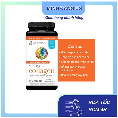 Viên Uống Collagen YouTheory Concentrated Effect Verisol Collagen 345 Viên từ MỸ - Đẹp Da Tóc Móng Khớp