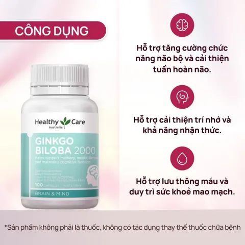 [CHÍNH HÃNG] Viên uống bổ não HealthyCare Ginkgo Biloba 100 viên hoạt huyết dưỡng não hỗ trợ trí nhớ