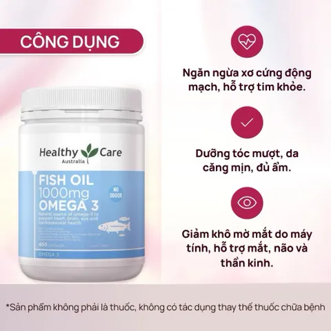 Dầu cá tự nhiên Fish Oil 1000 mg Omega 3 hãng Healthy Care của Úc hộp 400 viên