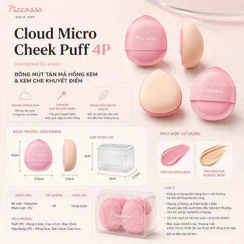 Combo 4 Mút Xỏ Ngón Tán Má Hồng Và Che Khuyết Điểm Piccasso Cloud Micro Puff