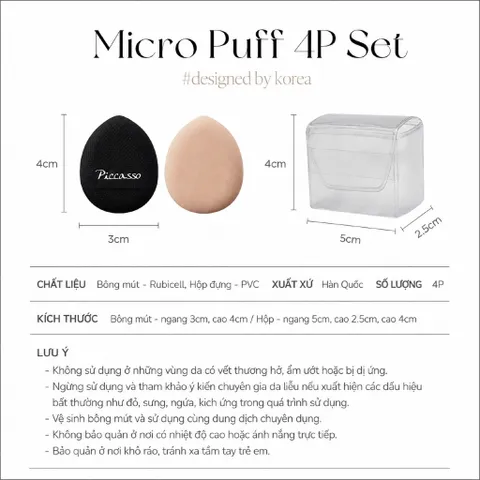 Set 4 Bông Mút Đệm Mini Tán Kem Che Khuyết Điểm Piccasso Micro Puff 4P Set Kèm Hộp Đựng