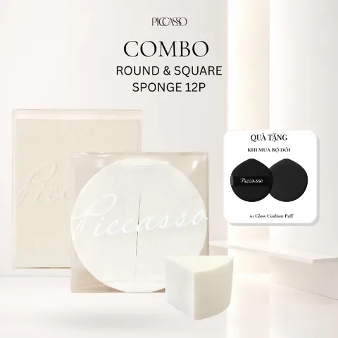COMBO ROUND & SQUARE SPONGE 12P PICCASSO BẢN MỚI MỀM HƠN, MỊN HƠN  (Tặng 1 Glow cushion puff)