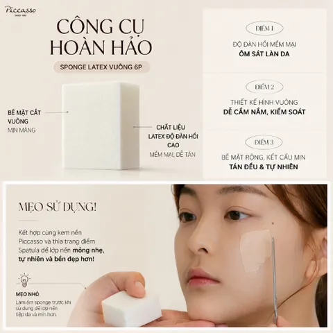 COMBO ROUND & SQUARE SPONGE 12P PICCASSO BẢN MỚI MỀM HƠN, MỊN HƠN  (Tặng 1 Glow cushion puff)
