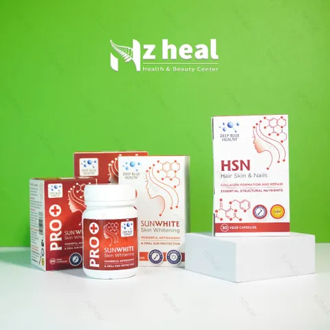 Bộ đôi giảm mụn và chống nắng: Viên uống giảm mụn HSN và Viên uống chống nắng Pro SunWhite - Deep Blue Health