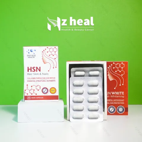Bộ đôi giảm mụn và chống nắng: Viên uống giảm mụn HSN và Viên uống chống nắng Pro SunWhite - Deep Blue Health