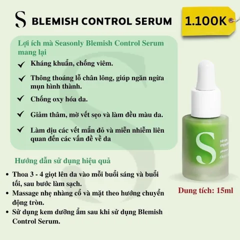 Serum hỗ trợ giảm mụn, mờ thâm Seasonly Blemish-Control Serum (30ml) - Nzheal