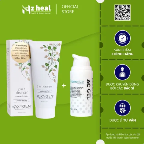 Bộ đôi gel giảm mụn và sữa rửa mặt: Nanogize AC Gel BHA 2% và OXYGEN 2 in 1 Cleanser