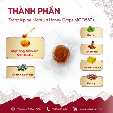 Kẹo mật ong TranzAlpine Manuka Honey Drops MGO550+ (8 viên/ 25 viên)