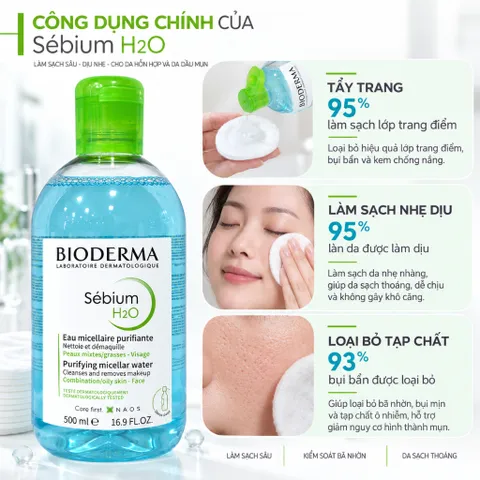 Nước tẩy trang Bioderma Sébium H2O 500ml cho da dầu mụn, da hỗn hợp, Made in France