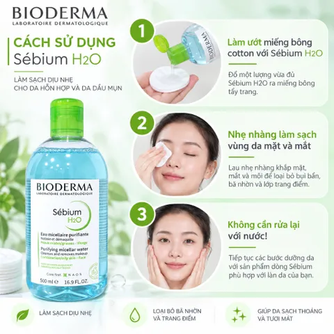 Nước tẩy trang Bioderma Sébium H2O 500ml cho da dầu mụn, da hỗn hợp, Made in France