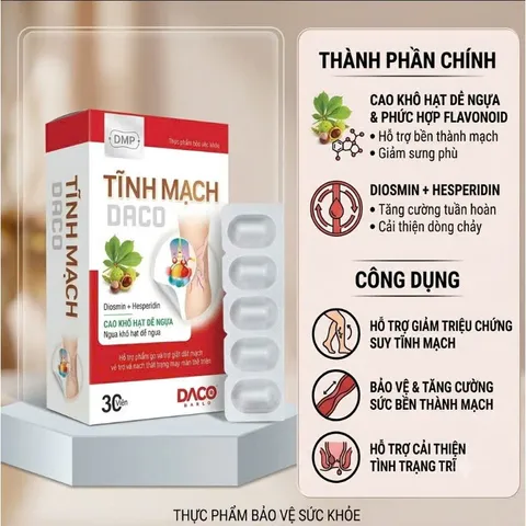 Viên uống Tĩnh Mạch Daco - giúp tăng độ bền thành mạch và cải thiện các triệuu chứngg của bệnhh suy giãn tĩnh mạch, trĩ