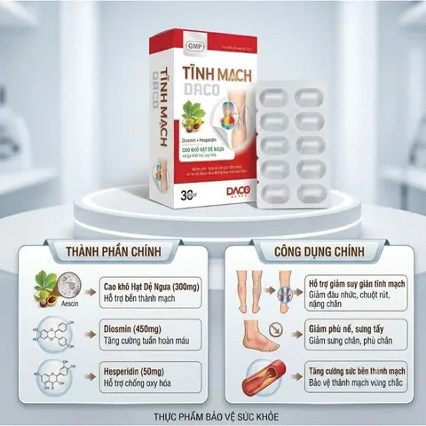 Viên uống Tĩnh Mạch Daco - giúp tăng độ bền thành mạch và cải thiện các triệuu chứngg của bệnhh suy giãn tĩnh mạch, trĩ