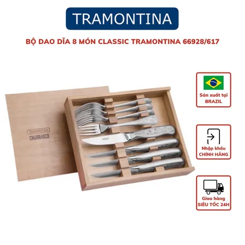Bộ Dao Dĩa Ăn Bít Tết Tramontina Classic 8 Món Cán Khắc Cao Cấp Dày Dặn Sáng Bóng Sx Brazil 66928