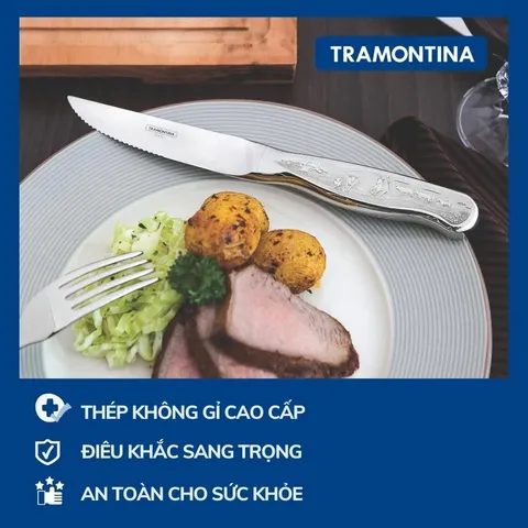 Bộ Dao Dĩa Ăn Bít Tết Tramontina Classic 8 Món Cán Khắc Cao Cấp Dày Dặn Sáng Bóng Sx Brazil 66928