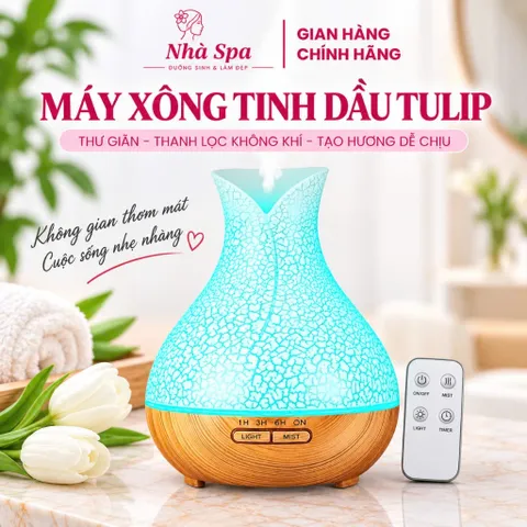 MẪU MỚI NHẤT - Máy Xông Tinh Dầu Hoa Tulip Vân Rạn Dung Tích Lớn 550ml Kèm Remote Điều Khiển