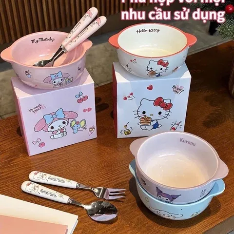 set bát sứ hoạt hình kèm thìa đĩa đũa có hộp và túi quà dễ thương