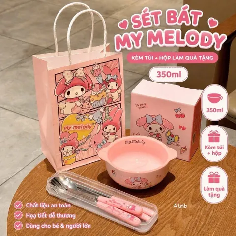 set bát sứ hoạt hình kèm thìa đĩa đũa có hộp và túi quà dễ thương