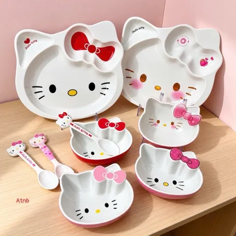 set khay đựng đồ ăn hello kitty cho bé – bộ bát đĩa cốc thìa đũa dễ thương