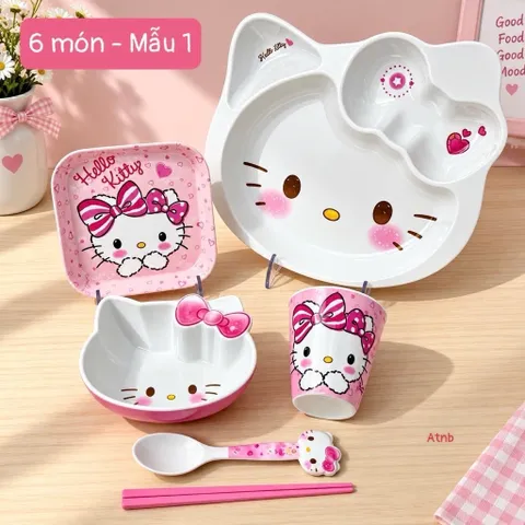 set khay đựng đồ ăn hello kitty cho bé – bộ bát đĩa cốc thìa đũa dễ thương